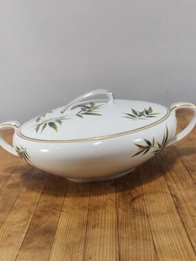 Vintage Rose China Japan Bamboo Covered Vegetable Bowl Gold Trim 10"
